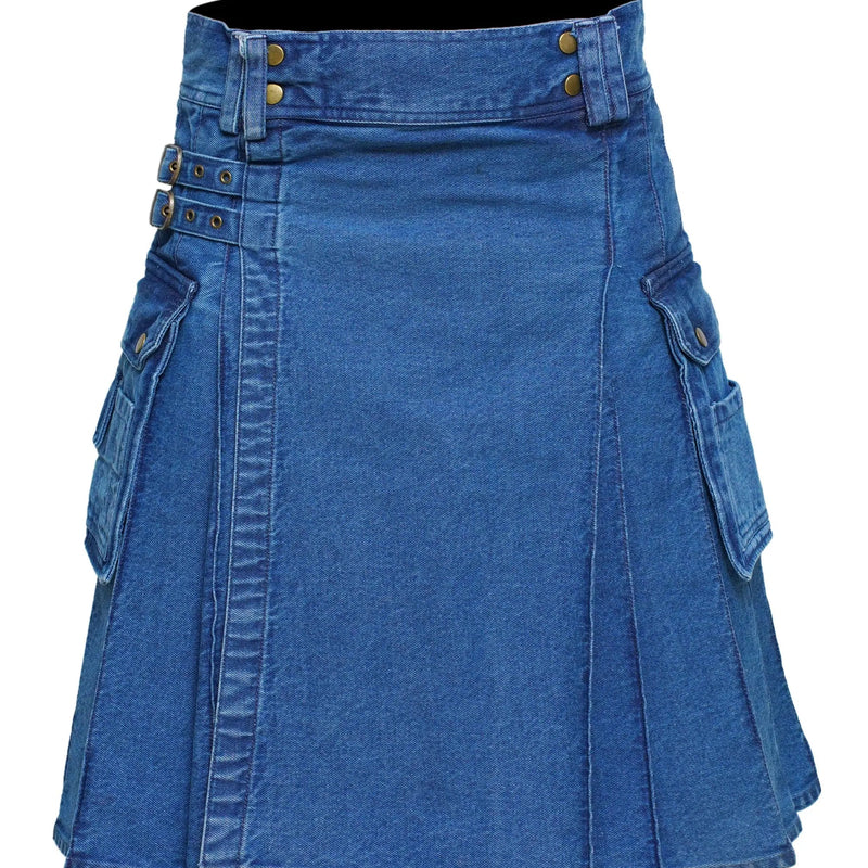 Men's Deluxe Utility Denim Kilt - Modern Utility Kilt for Men, Authentic Jean Kilts with Tactical Style All Safe International