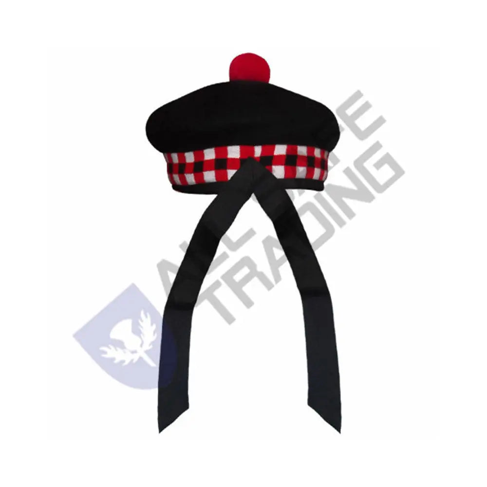 Scottish Black Wool Blended Balmorals Dice Hat With Red Pompom on Top All Safe International