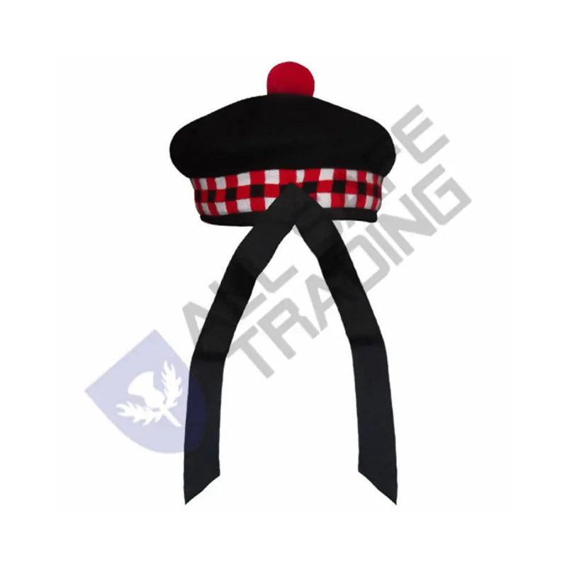 Scottish Black Wool Blended Balmorals Dice Hat With Red Pompom on Top All Safe International