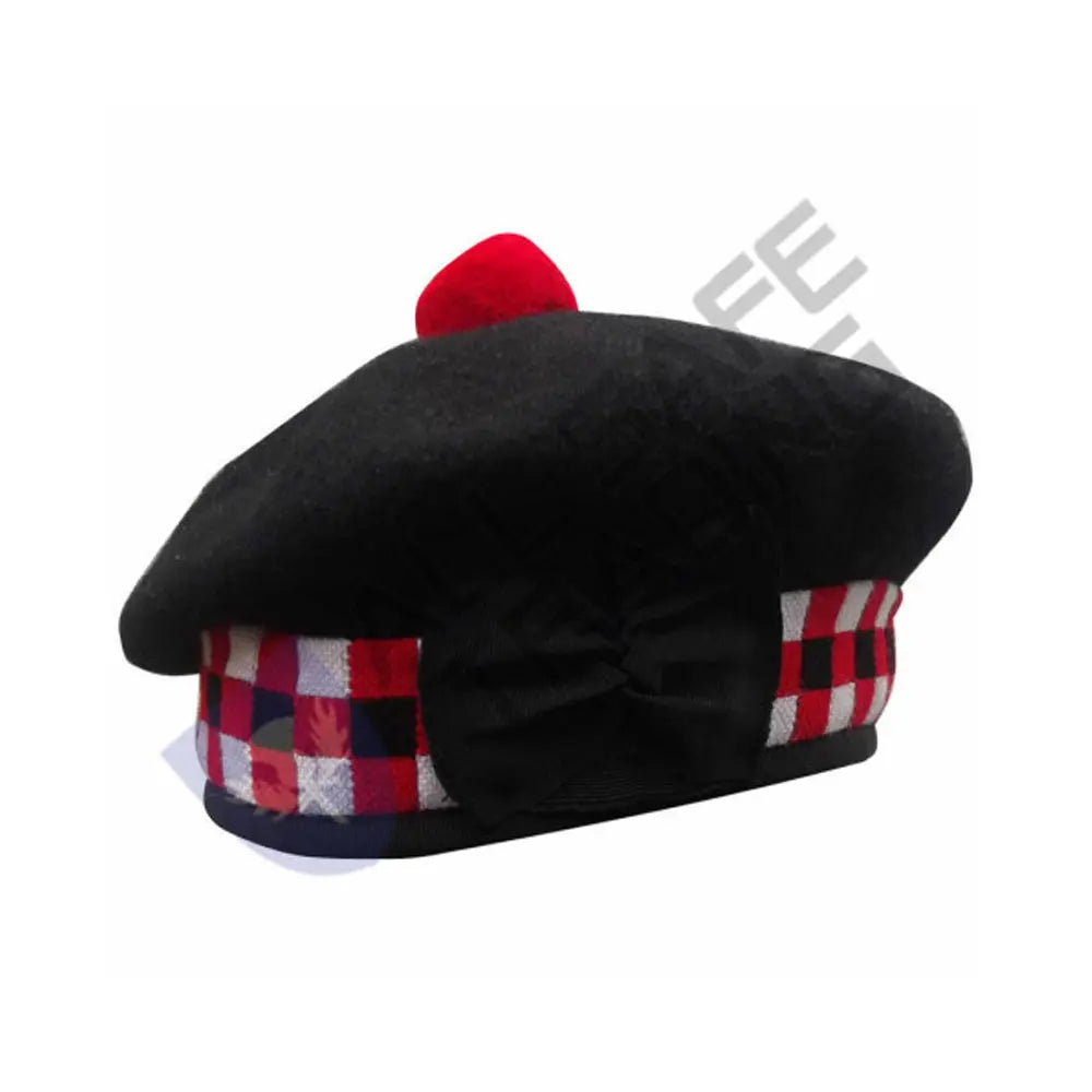 Scottish Black Wool Blended Balmorals Dice Hat With Red Pompom on Top All Safe International