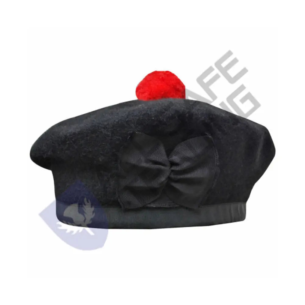 Scottish Black Wool Blended Balmorals Hat With Red Pompom on Top All Safe International