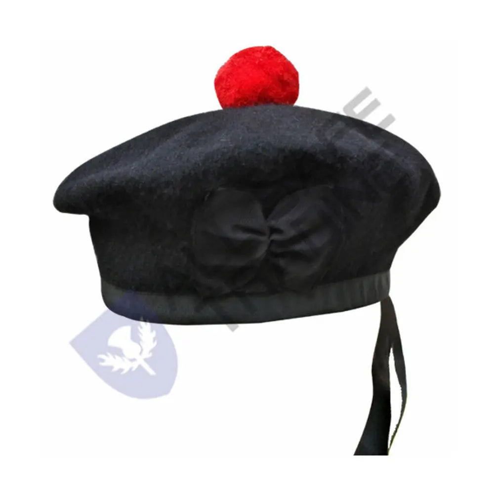 Scottish Black Wool Blended Balmorals Hat With Red Pompom on Top All Safe International