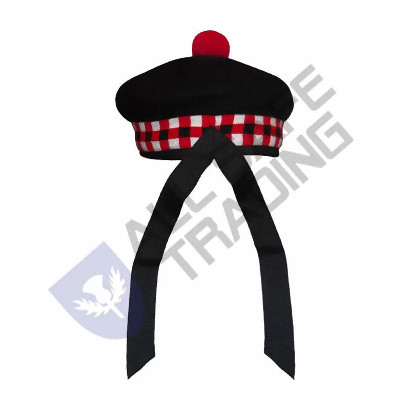 Scottish Black Wool Blended Balmorals Dice Hat With Red Pompom on Top All Safe International