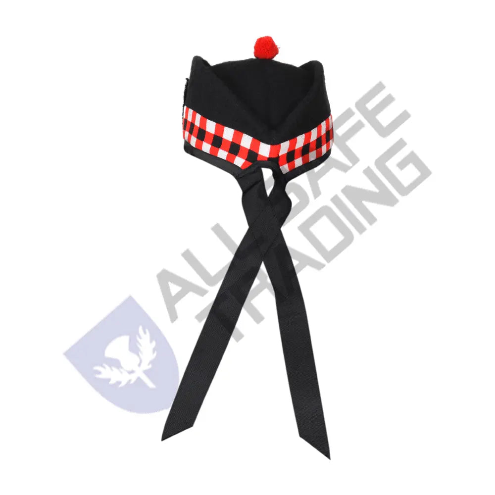 Scottish Black Wool Glengarry Dice Hat with Red Pompom All Safe International