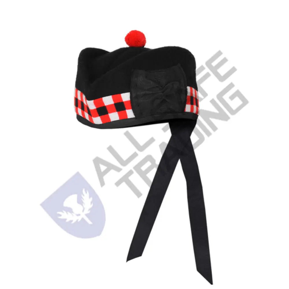 Scottish Black Wool Glengarry Dice Hat with Red Pompom All Safe International