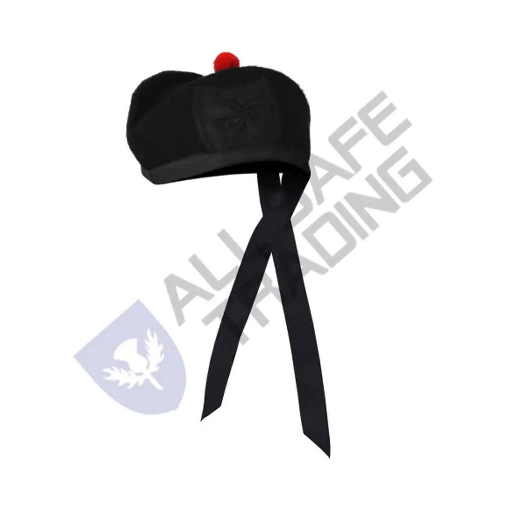 Scottish Black Wool Glengarry Hat with Red Pompom All Safe International