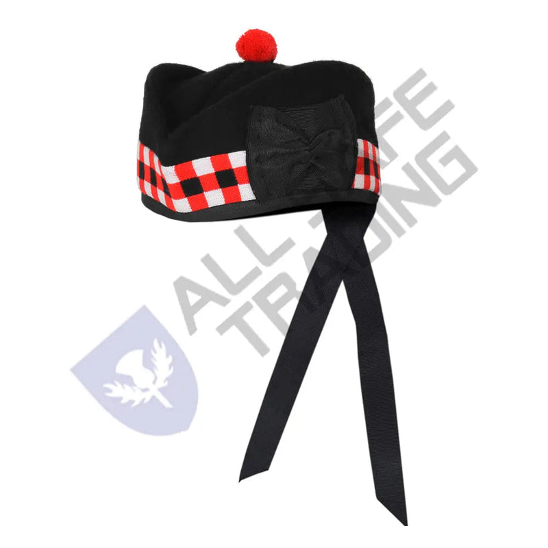 Scottish Black Wool Glengarry Dice Hat with Red Pompom All Safe International