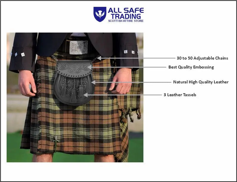 Premium Leather Sporran for Men - Ideal Kilt Accessories for Men, Scottish Kilt Sporran with Chain Belt Art # 5 All Safe International