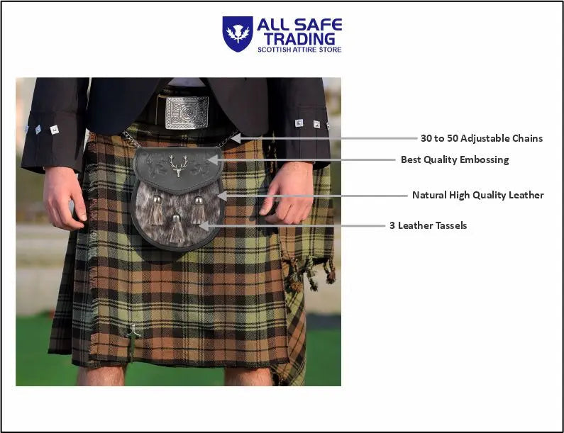 Premium Leather Sporran for Men - Ideal Kilt Accessories for Men, Scottish Kilt Sporran with Chain Belt Art # 9 All Safe International