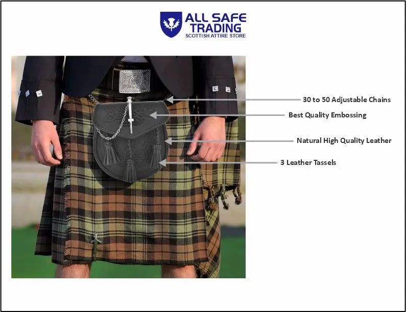 Premium Leather Sporran for Men - Ideal Kilt Accessories for Men, Scottish Kilt Sporran with Chain Belt Art # 10 All Safe International