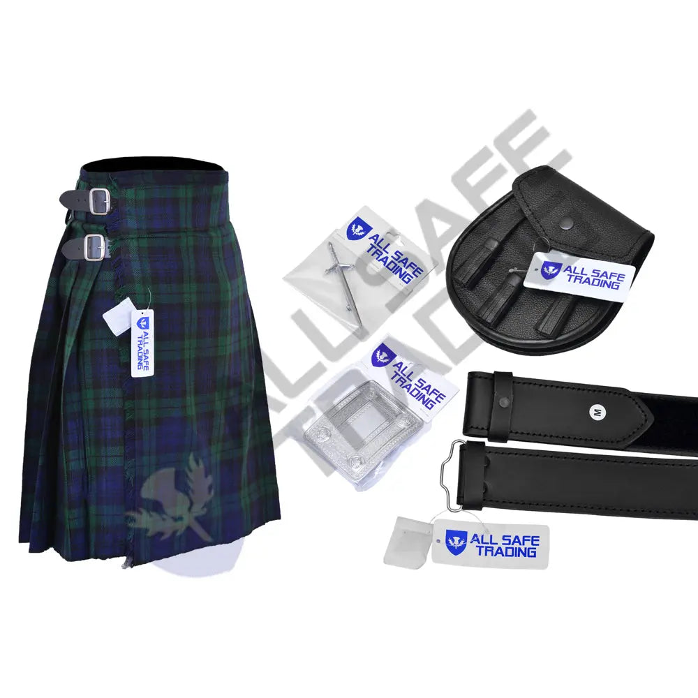 Men's Scottish 6 Piece Casual Kilt Outfit with Sporran, Black Watch Tartan Kilt All Safe International
