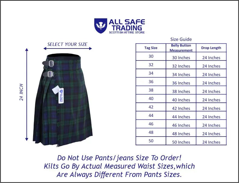 Men's 5 Yard Scottish Tartan Kilt, Highland Wedding Kilt, Black Watch Tartan Kilt All Safe International