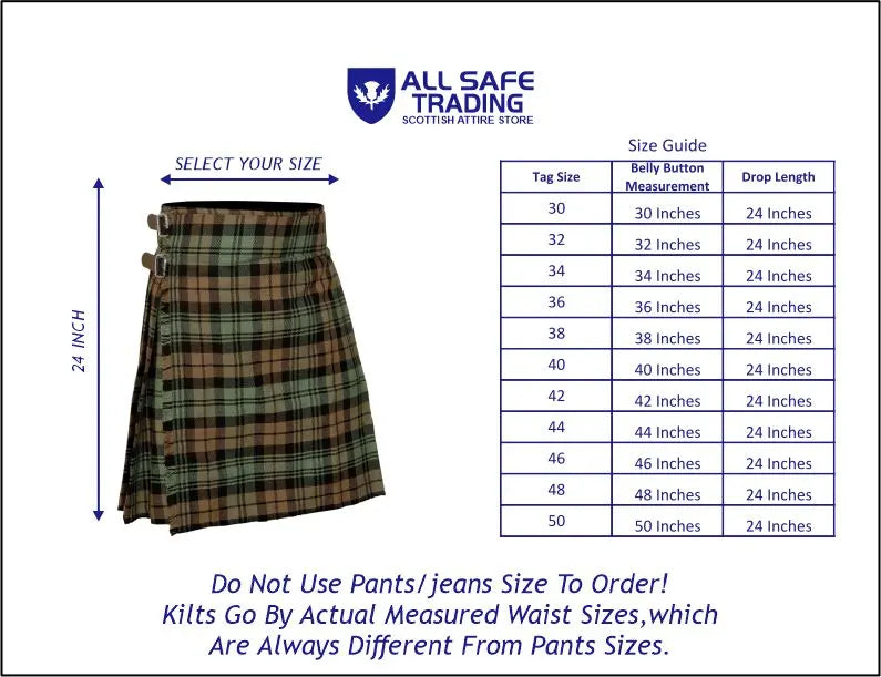 Men's 5 Yard Scottish Tartan Kilt, Highland Wedding Kilt, Black Watch Weathered Tartan Kilt All Safe International