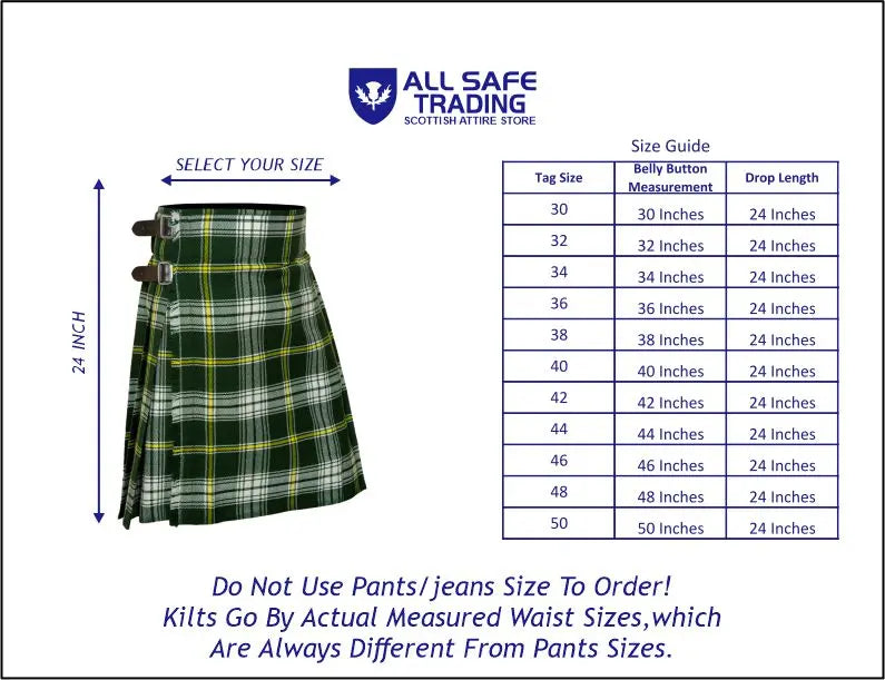 Men's 5 Yard Scottish Tartan Kilt, Highland Wedding Kilt, St. Patrick Tartan Kilt All Safe International
