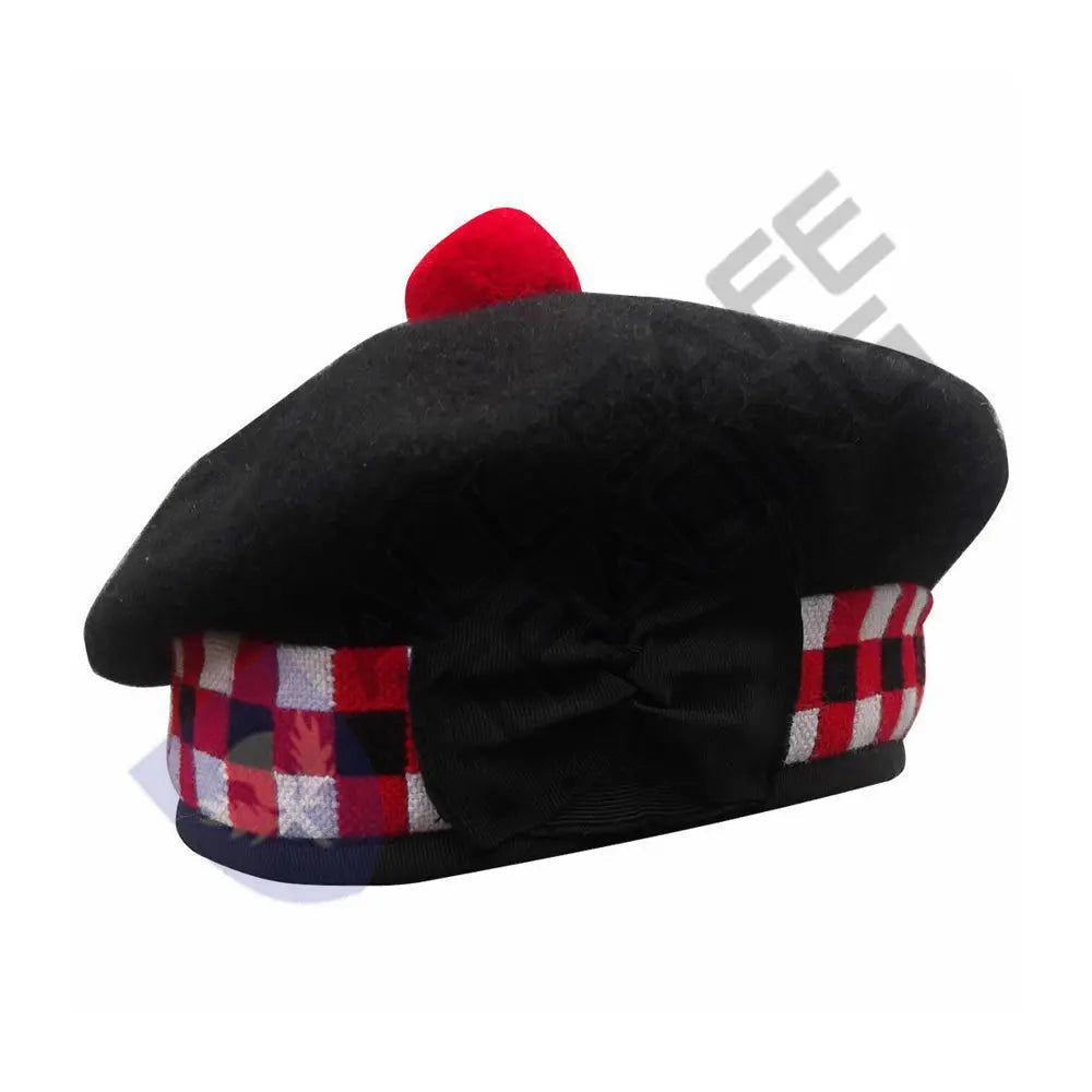Scottish Black Wool Blended Balmorals Dice Hat With Red Pompom on Top All Safe International