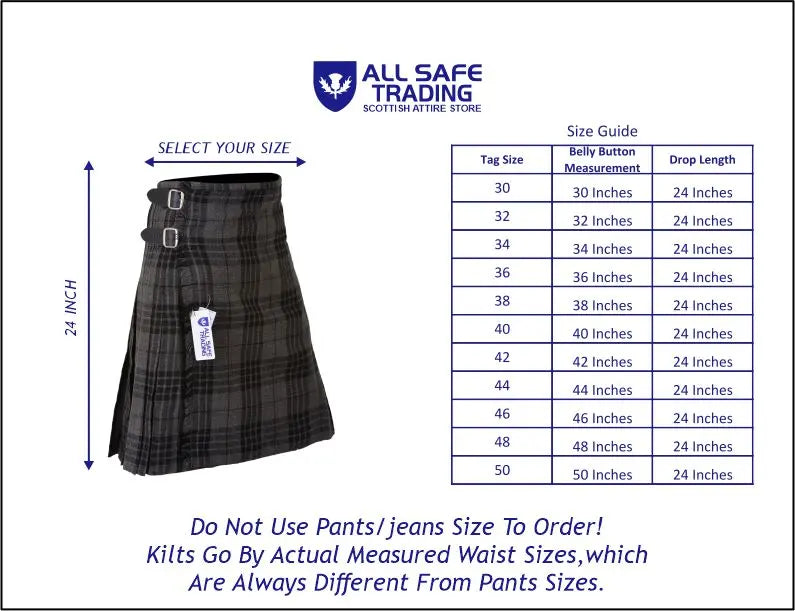 Men's 8 Yard Kilt for Men, Men's Deluxe Kilt, Scottish Tartan Kilt, Highland Wedding Kilt, Grey Watch Kilt All Safe International