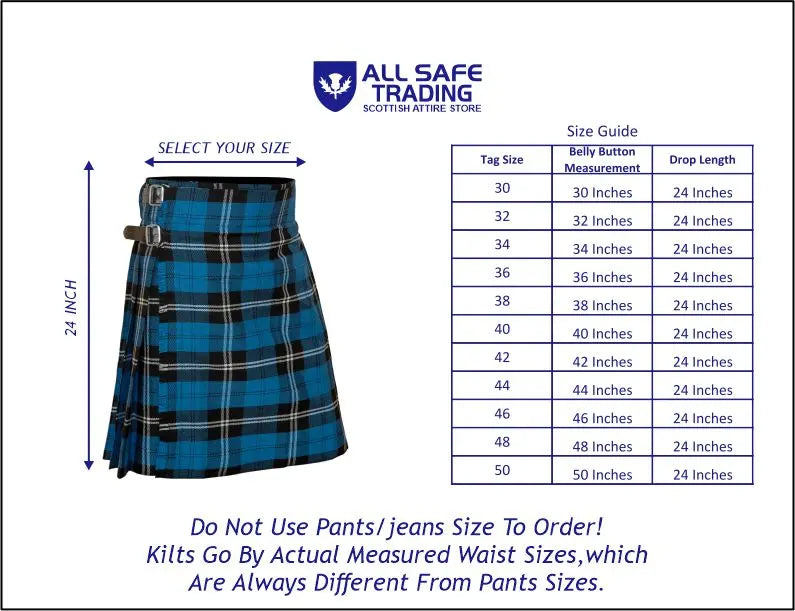 Men's 5 Yard Scottish Tartan Kilt, Highland Wedding Kilt, Blue Ramsay Tartan Kilt All Safe International