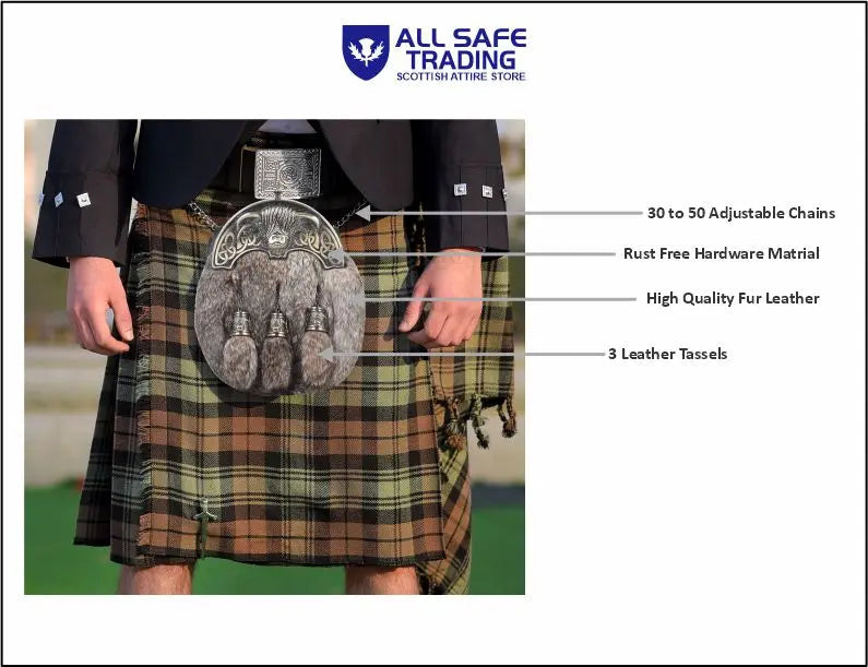 Premium Leather Sporran for Men - Ideal Kilt Accessories for Men, Scottish Kilt Sporran with Chain Belt Art # 2 All Safe International