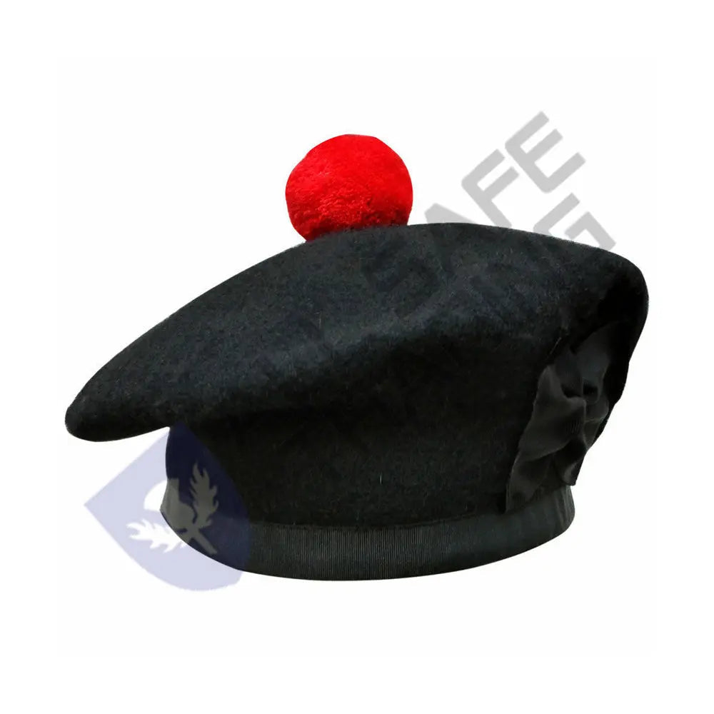 Scottish Black Wool Blended Balmorals Hat With Red Pompom on Top All Safe International