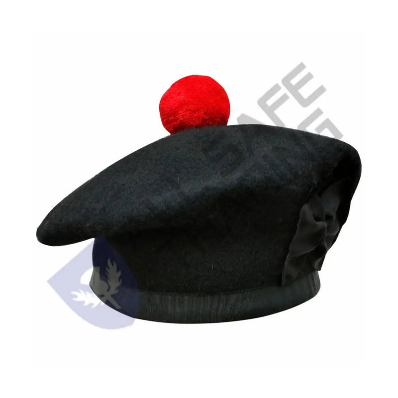 Scottish Black Wool Blended Balmorals Hat With Red Pompom on Top All Safe International