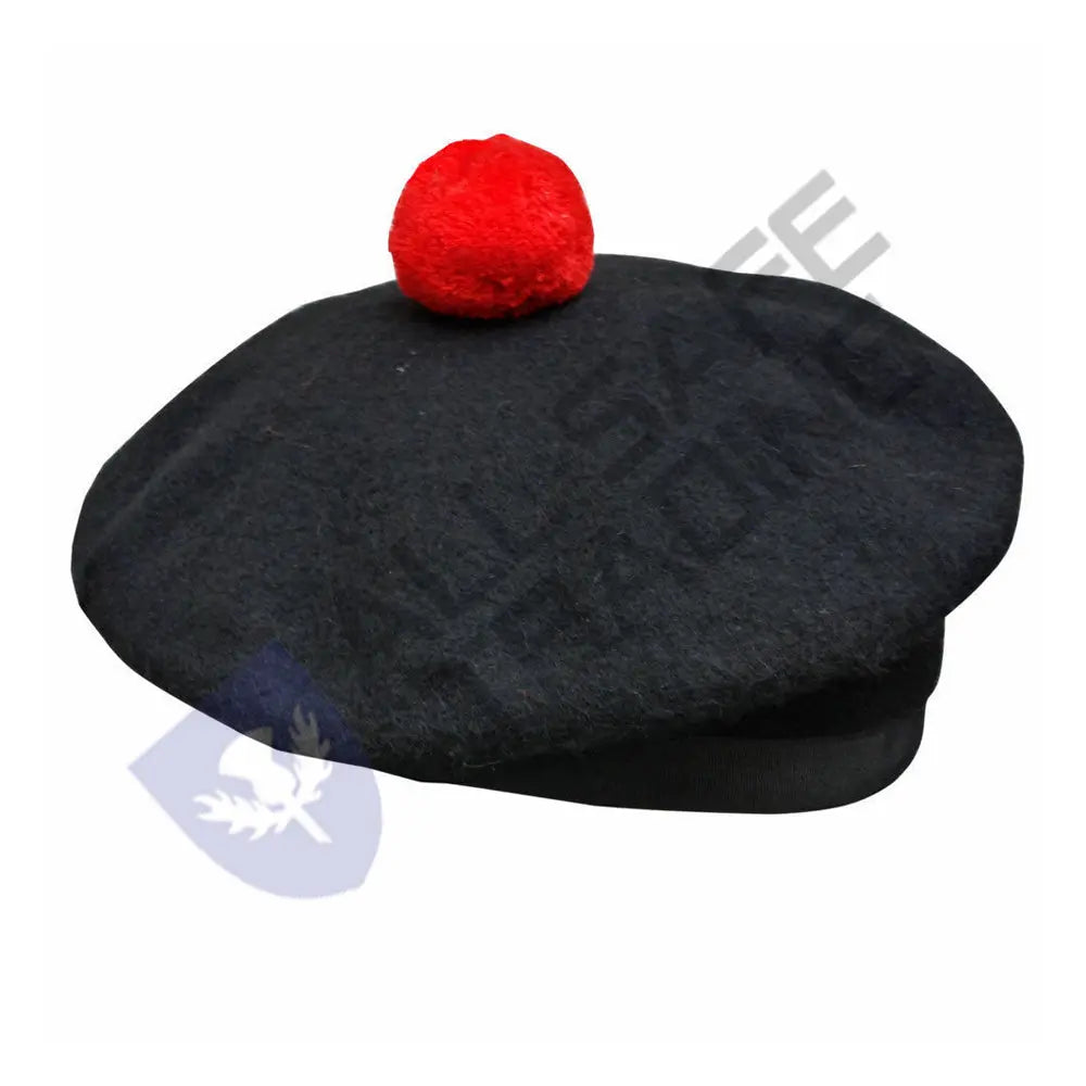 Scottish Black Wool Blended Balmorals Hat With Red Pompom on Top All Safe International
