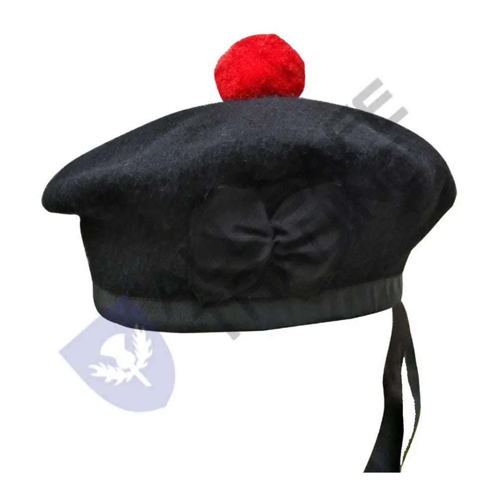 Scottish Black Wool Blended Balmorals Hat With Red Pompom on Top All Safe International