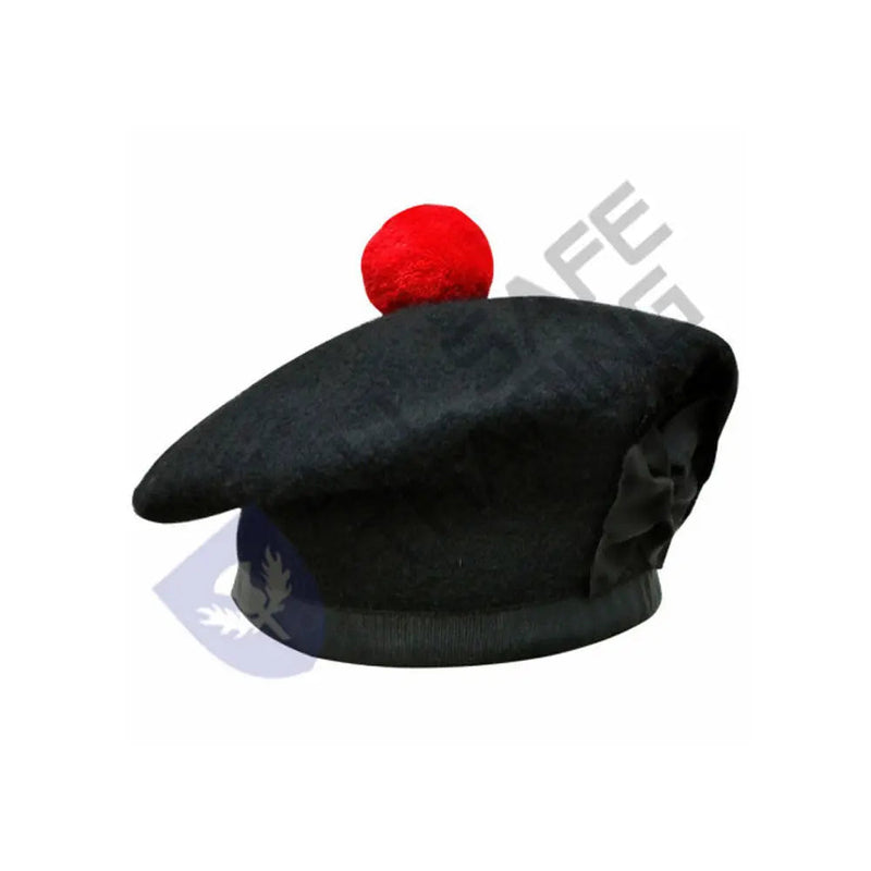 Scottish Black Wool Blended Balmorals Hat With Red Pompom on Top All Safe International