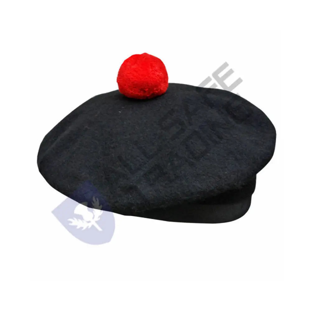 Scottish Black Wool Blended Balmorals Hat With Red Pompom on Top All Safe International