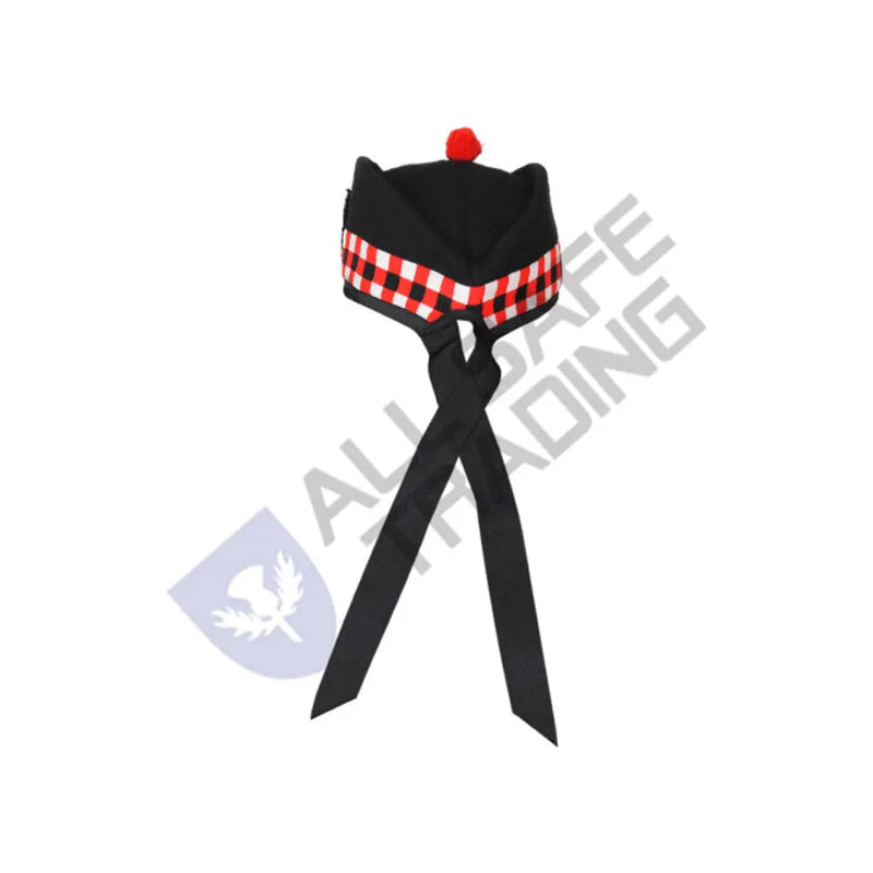 Scottish Black Wool Glengarry Dice Hat with Red Pompom All Safe International