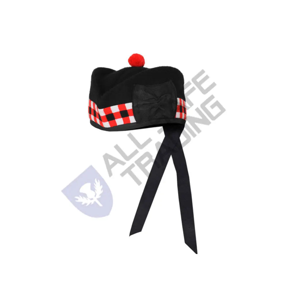 Scottish Black Wool Glengarry Dice Hat with Red Pompom All Safe International