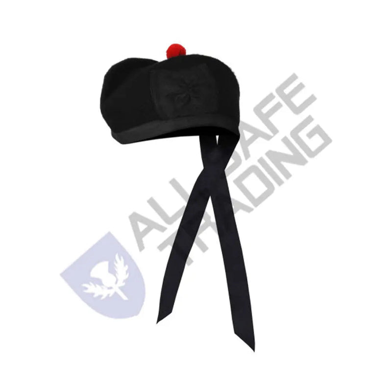 Scottish Black Wool Glengarry Hat with Red Pompom All Safe International
