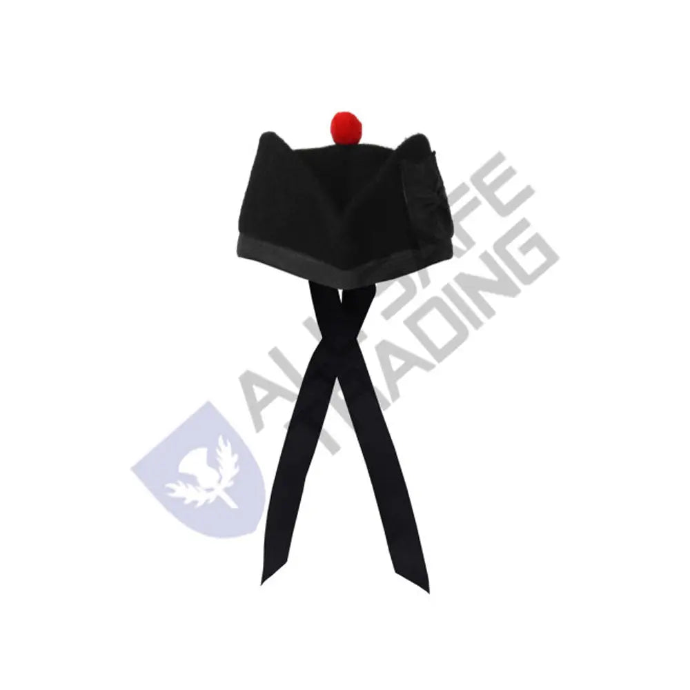 Scottish Black Wool Glengarry Hat with Red Pompom All Safe International