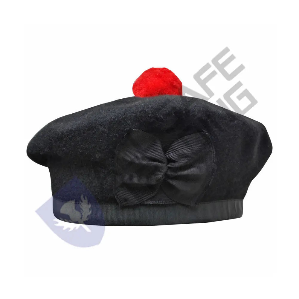 Scottish Black Wool Blended Balmorals Hat With Red Pompom on Top All Safe International