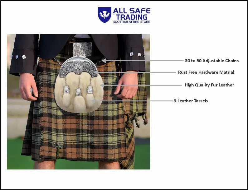 Premium Leather Sporran for Men - Ideal Kilt Accessories for Men, Scottish Kilt Sporran with Chain Belt Art # 3 All Safe International