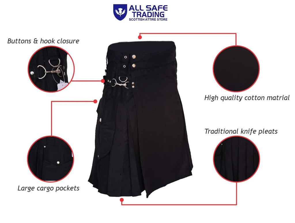 Active Men's Black utility kilt 100% Cotton, Cargo Pocket Kilt for Men| Men's Kilt | Utility Kilt |Tartan Kilts for Men for Scottish Kilt Costume All Safe International