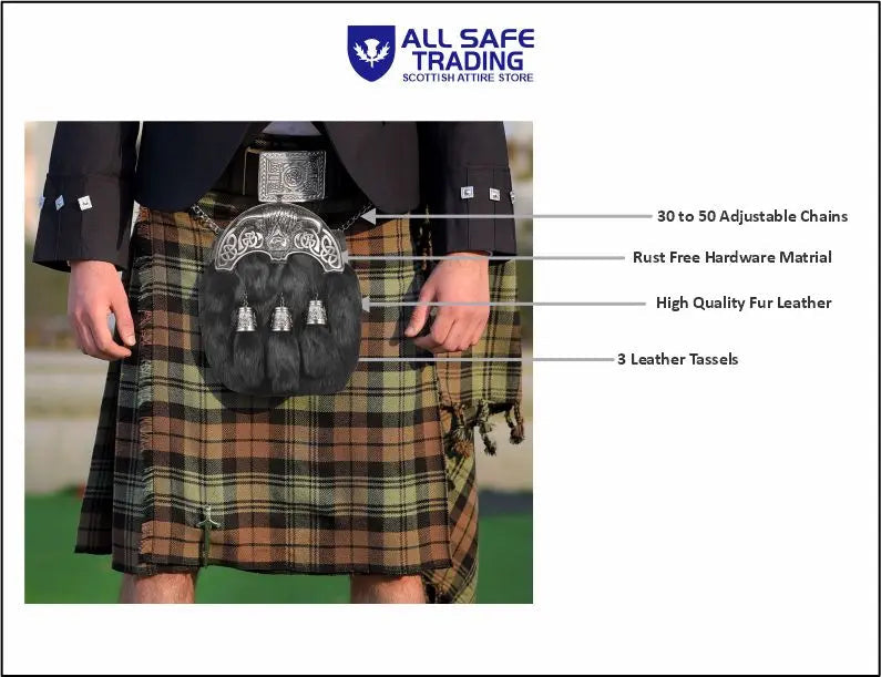 Premium Leather Sporran for Men - Ideal Kilt Accessories for Men, Scottish Kilt Sporran with Chain Belt Art # 4 All Safe International