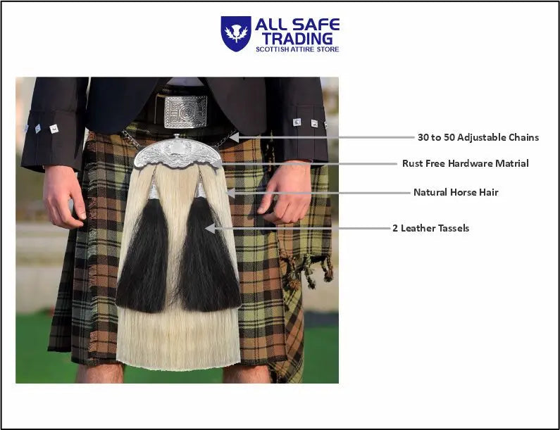Premium Leather Sporran for Men - Ideal Kilt Accessories for Men, Scottish Kilt Sporran with Chain Belt Art # 12 All Safe International