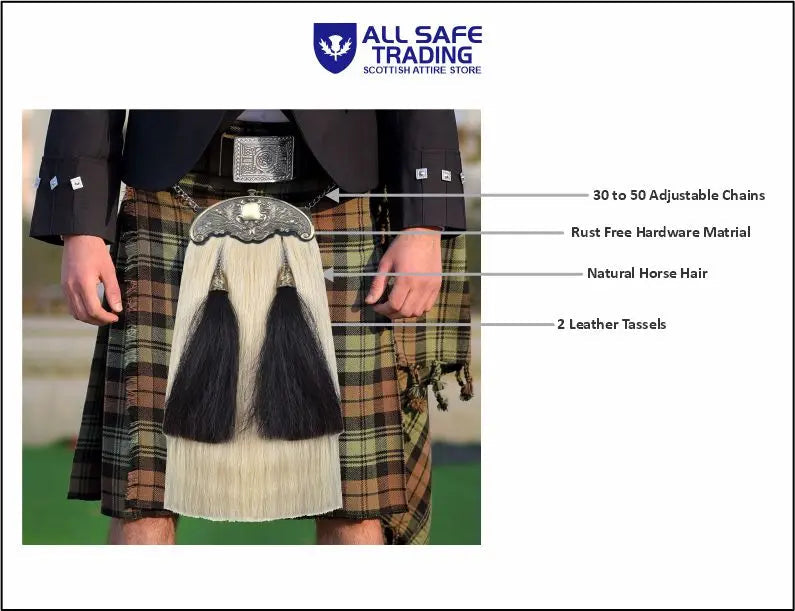 Premium Leather Sporran for Men - Ideal Kilt Accessories for Men, Scottish Kilt Sporran with Chain Belt Art # 11 All Safe International