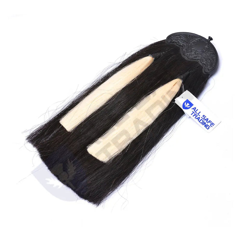 Scottish Military Long Horse Hair Sporran, Black Cantle with 2 White Tassels All Safe International