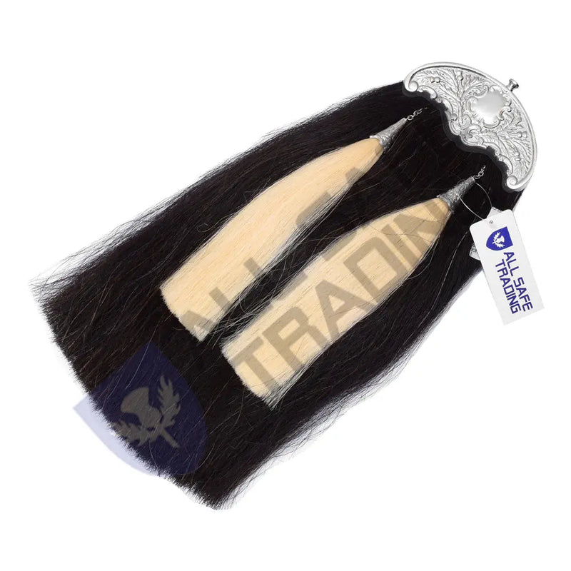 Scottish Military Long Horse Hair Sporran, Chrome Cantle with 2 White Tassels All Safe International