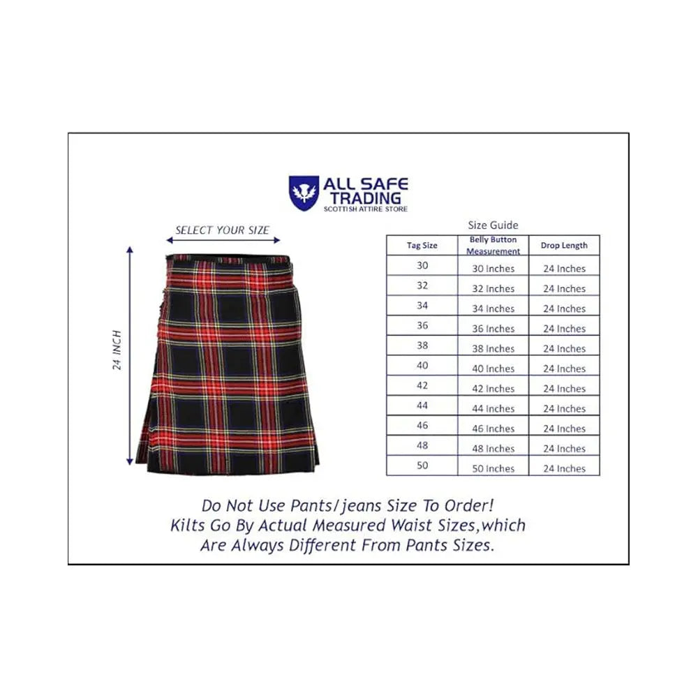 Authentic Scottish Men's Tartan Kilts - Highland Light Weight Value Kilt Embrace Your Heritage with Comfort Black Stewart Tartan Kilt All Safe International