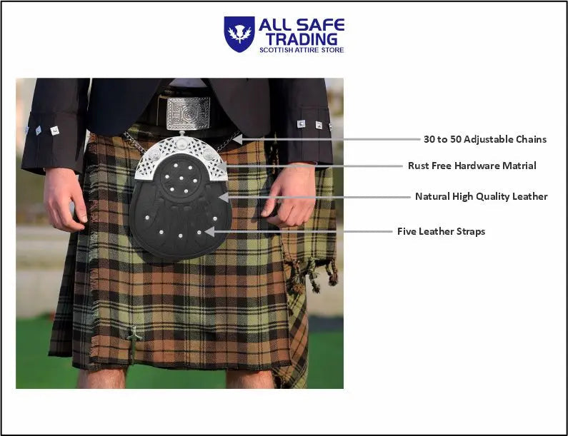 Premium Leather Sporran for Men - Ideal Kilt Accessories for Men, Scottish Kilt Sporran with Chain Belt Art # 7 All Safe International