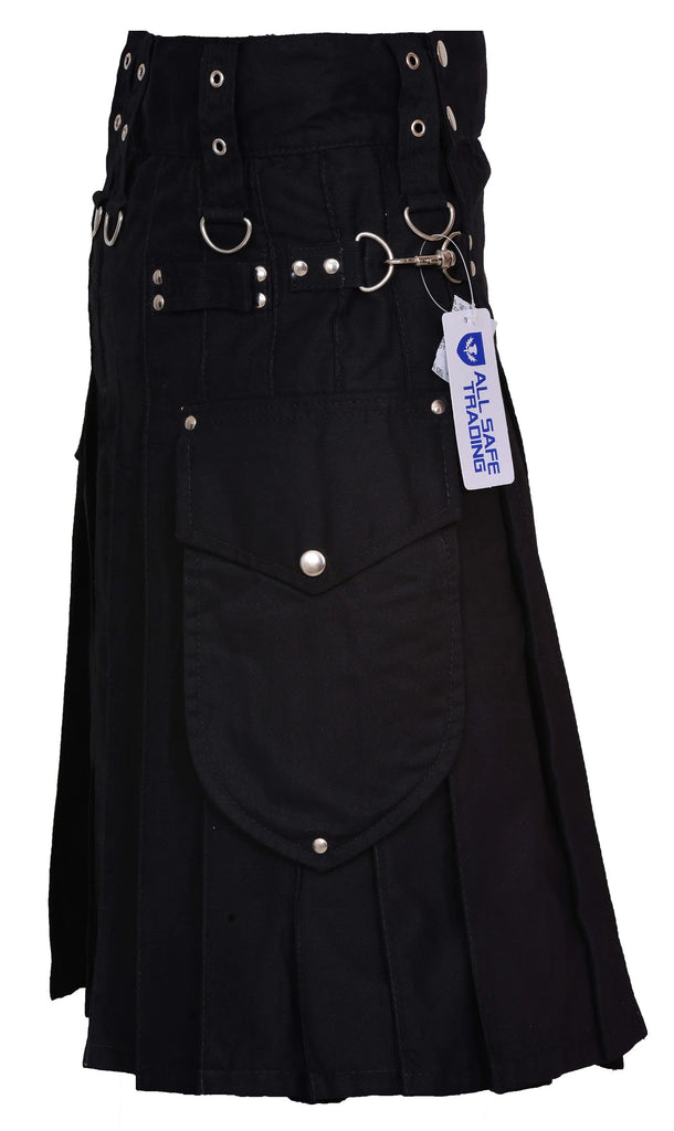 Active Men's Black utility kilt 100% Cotton, Cargo Pocket Kilt for Men| Men's Kilt | Utility Kilt |Tartan Kilts for Men for Scottish Kilt Costume All Safe International