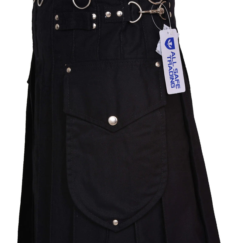 Active Men's Black utility kilt 100% Cotton, Cargo Pocket Kilt for Men| Men's Kilt | Utility Kilt |Tartan Kilts for Men for Scottish Kilt Costume All Safe International