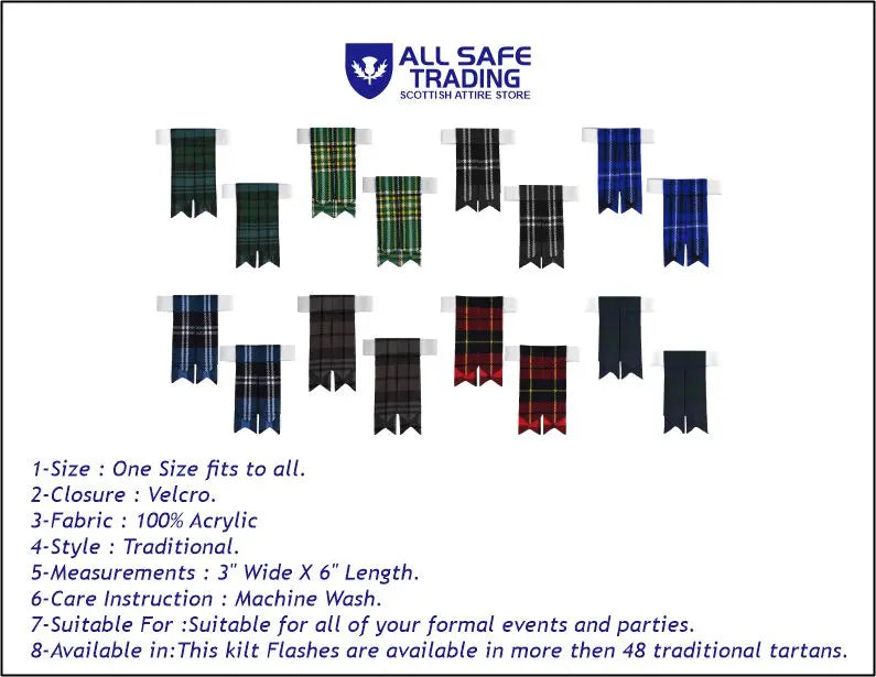 Scottish Tartan Kilt Flashes with Elastic Adjusters Black Stewart All Safe International