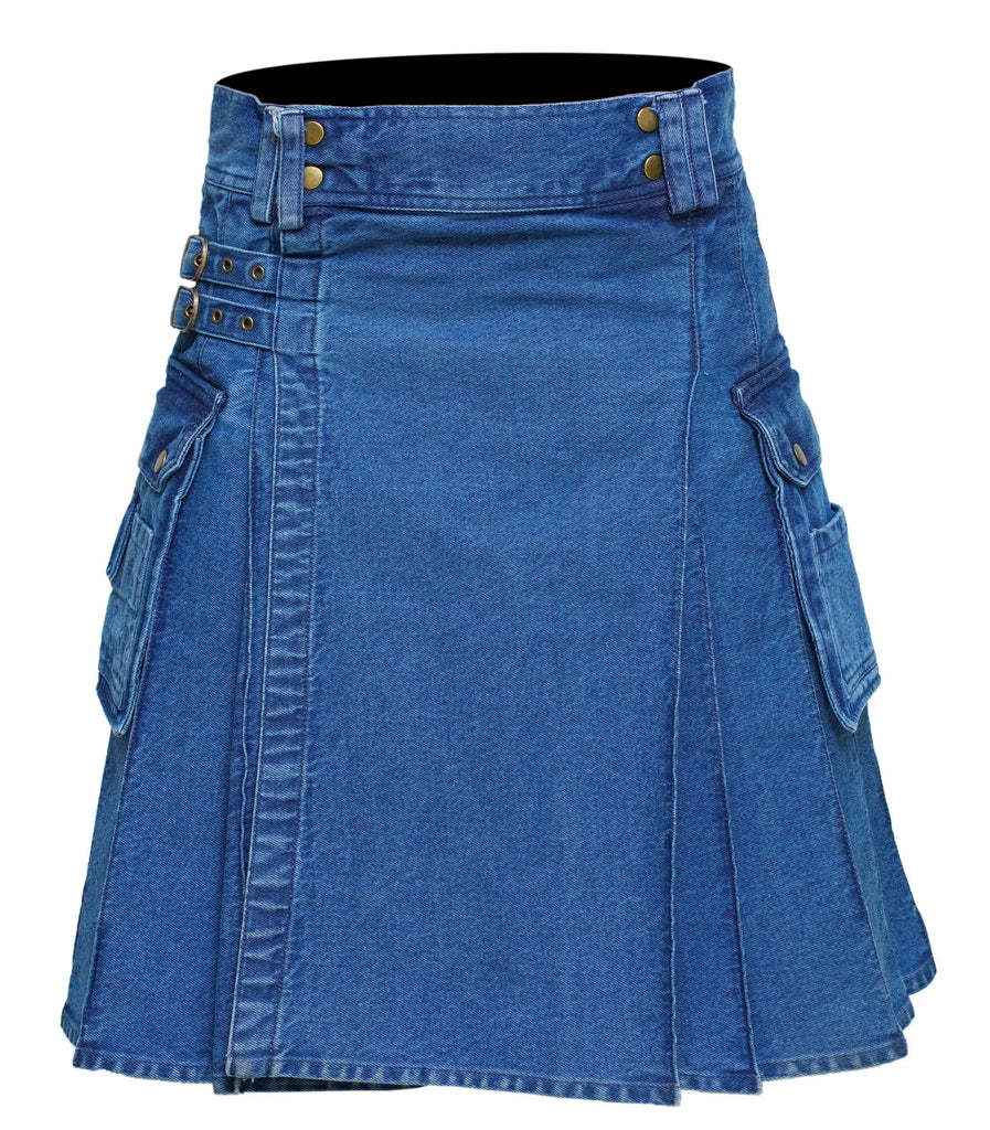 Men's Deluxe Utility Denim Kilt - Modern Utility Kilt for Men, Authentic Jean Kilts with Tactical Style All Safe International