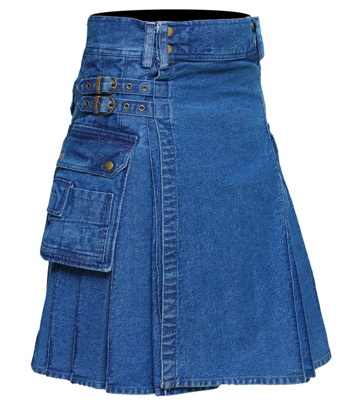 Men's Deluxe Utility Denim Kilt - Modern Utility Kilt for Men, Authentic Jean Kilts with Tactical Style All Safe International