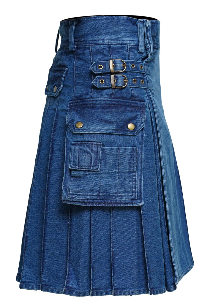 Men's Deluxe Utility Denim Kilt - Modern Utility Kilt for Men, Authentic Jean Kilts with Tactical Style All Safe International