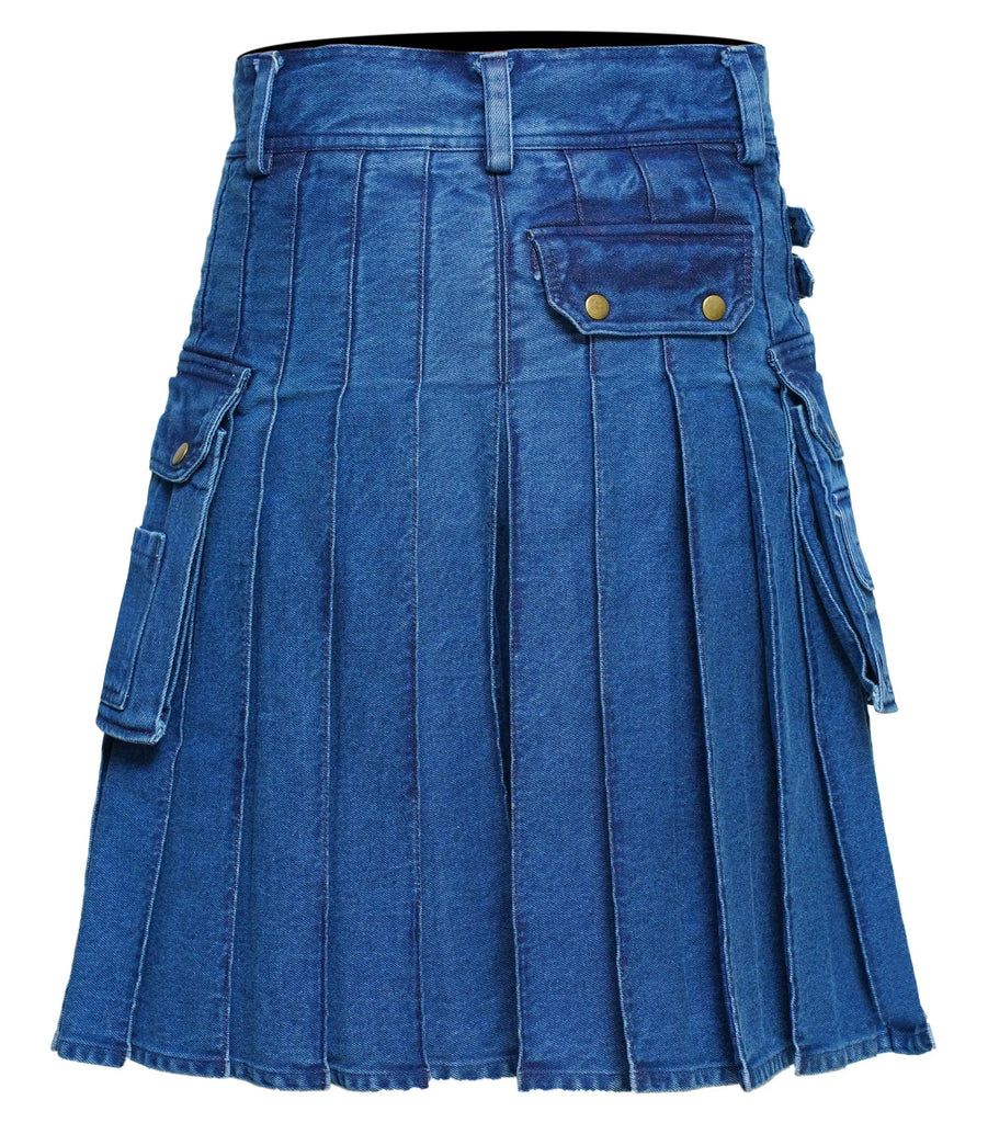 Men's Deluxe Utility Denim Kilt - Modern Utility Kilt for Men, Authentic Jean Kilts with Tactical Style All Safe International
