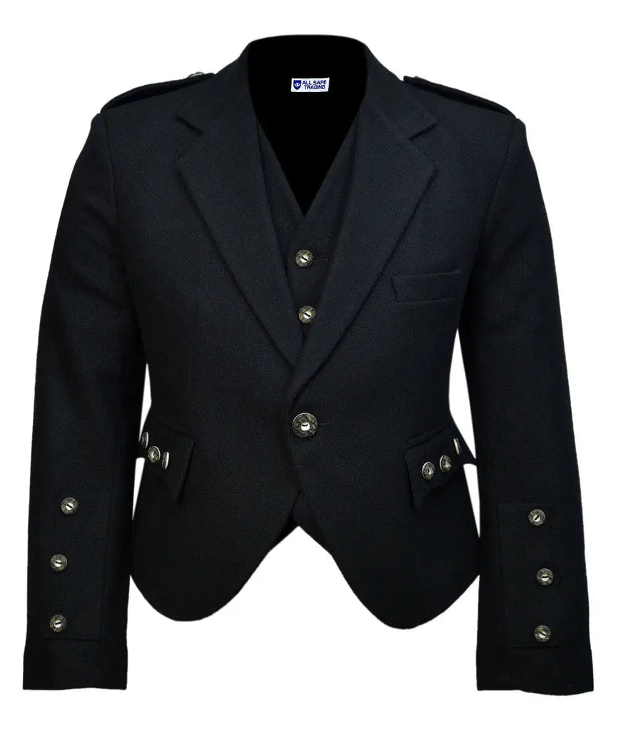 Scottish Black Tweed Argyle Kilt Jacket With Waistcoat/Vest - Sizes 36"- 54" All Safe International